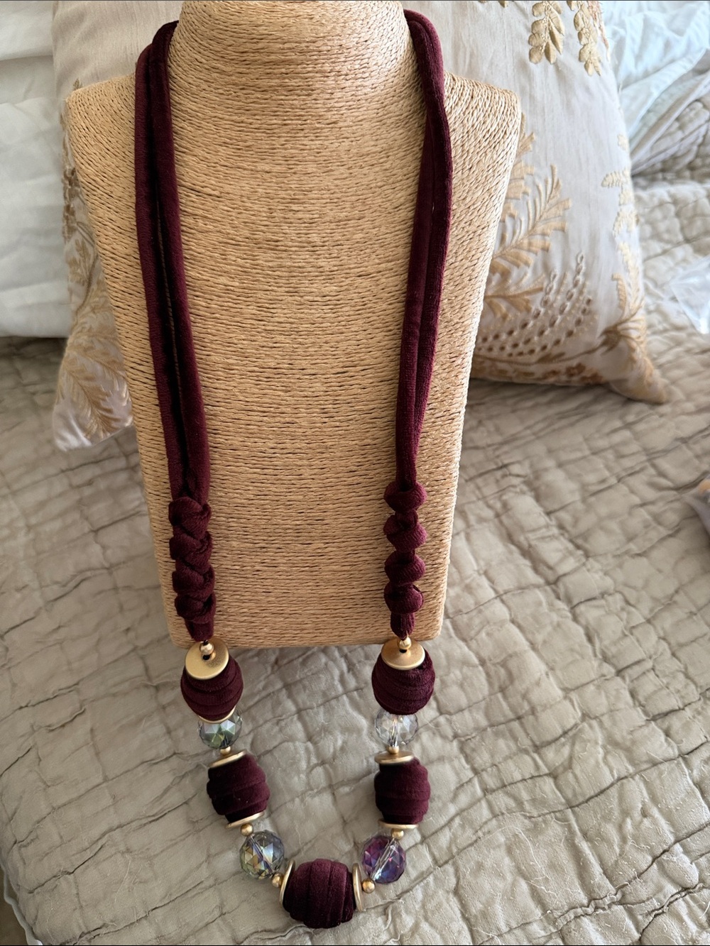 Burgundy velvet Fabric bead with large crystal beads in pastels Necklace